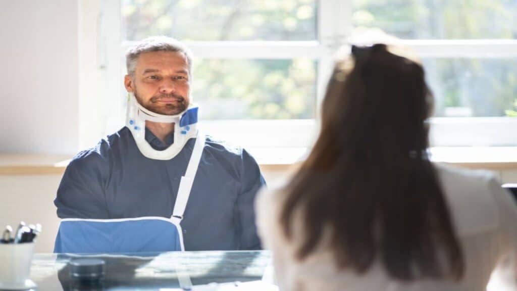 a patient on neck brace discussing with a lady