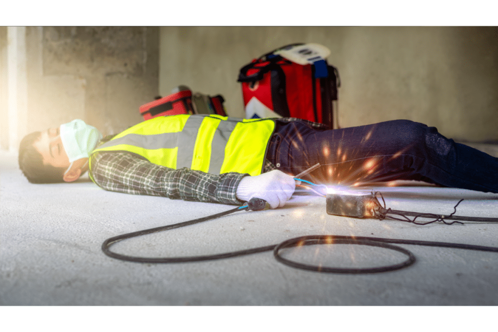 a man lying on the ground with a welding torch in hand