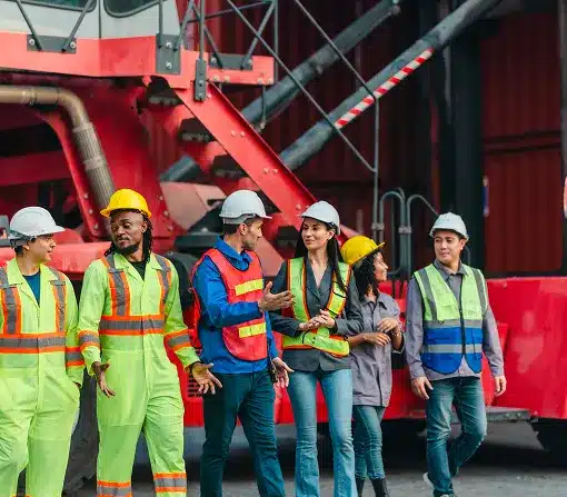 Team of Workers Walking and Talking in a Container Yard