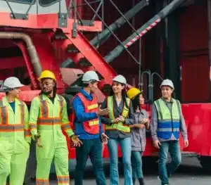 Equipo de trabajadores caminando y conversando en un patio de contenedores.