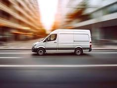 A white delivery van is shown speeding down a road during the day with motion blur.